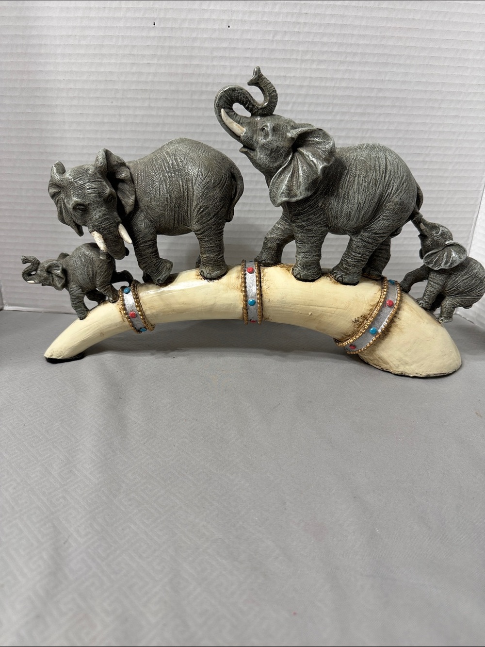 Vtg Style Elephant Parade Sculpture Walking Across Distressed Faux Tusk Bridge